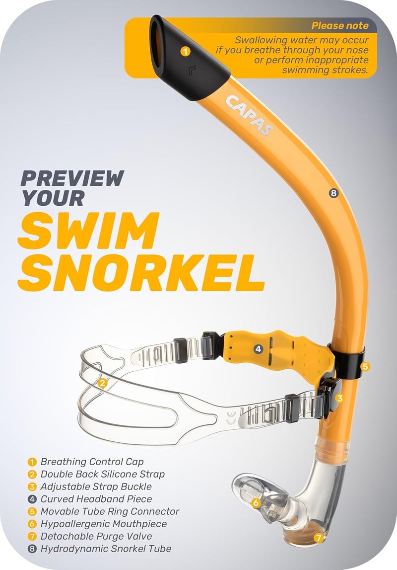 Capas Training Swim Snorkel for Lap Swimming, Swivel Headband Ultimate Fit Center-Mount Swimmers Snorkel with Liquid Silicone Mouthpiece Adjustable Strap, Designed for Adult Men Women - Image 2